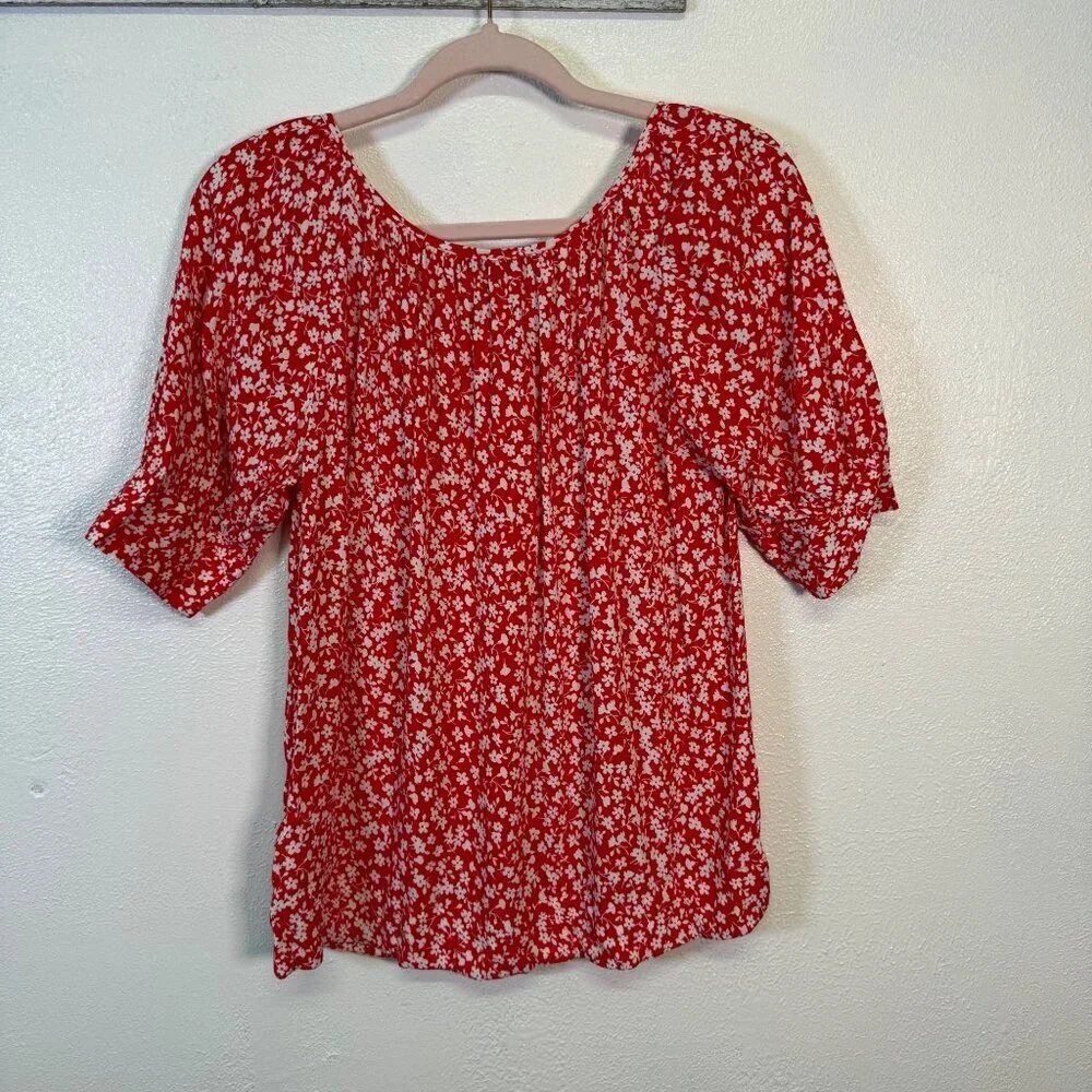 J.Crew Womens Red Floral Print Blouse XS Relaxed Fit Flowy Lightweight